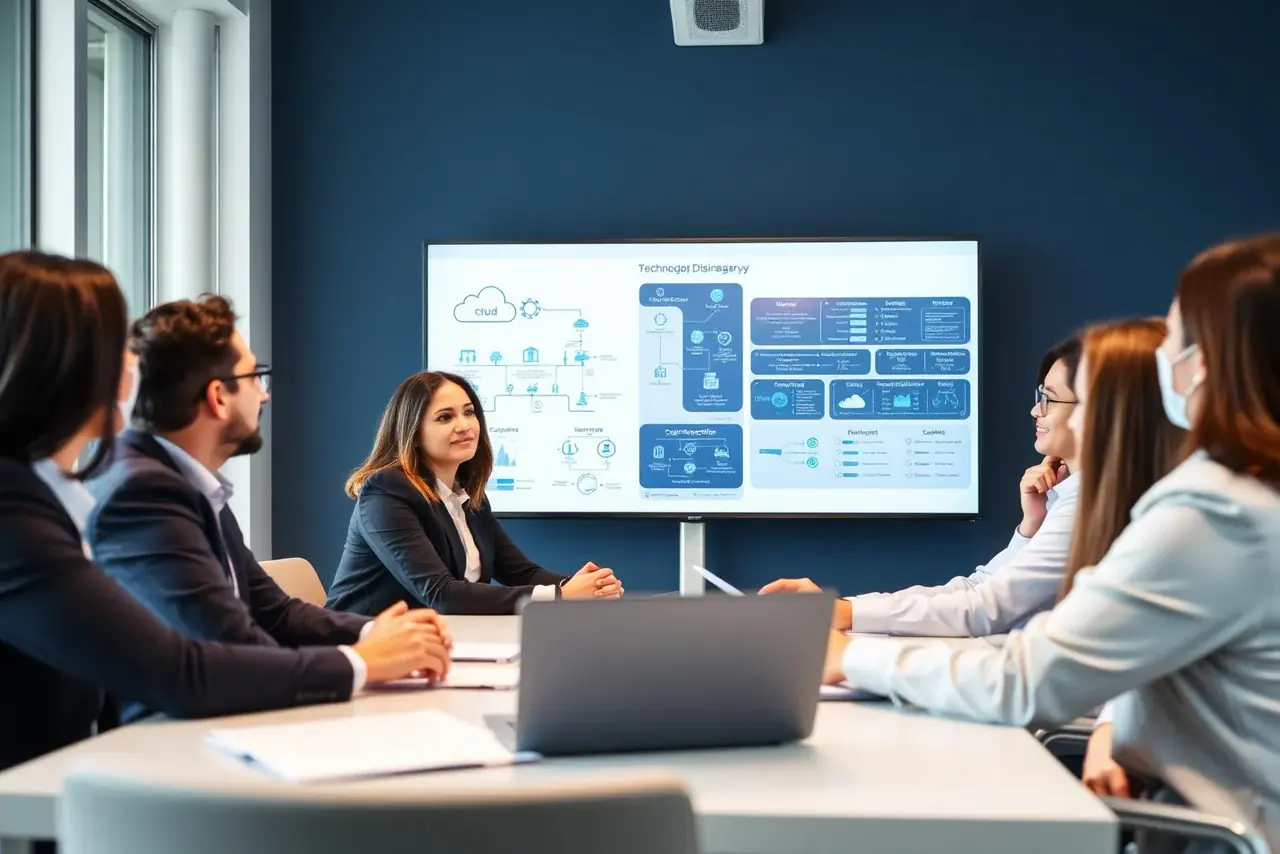 Technology advisory session with professionals reviewing cloud and security solution architecture