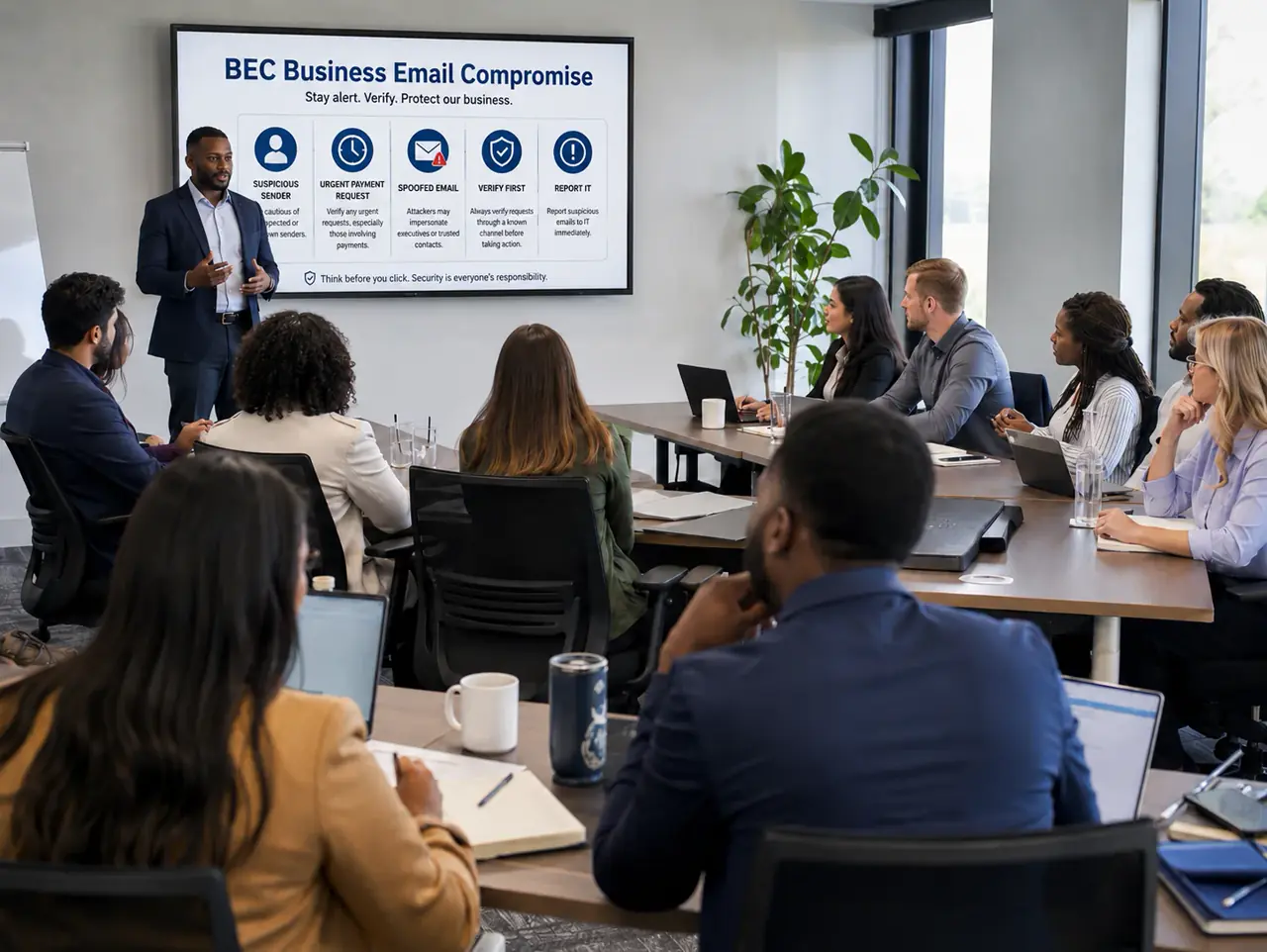 Security trainer presenting a business email compromise awareness session to executives and staff in a modern conference room