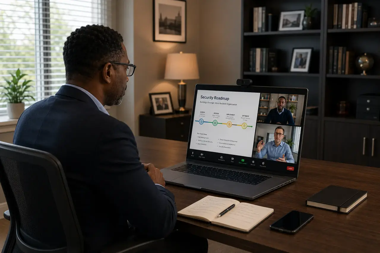 Executive reviewing a Security Roadmap during a virtual advisory session with cybersecurity consultants