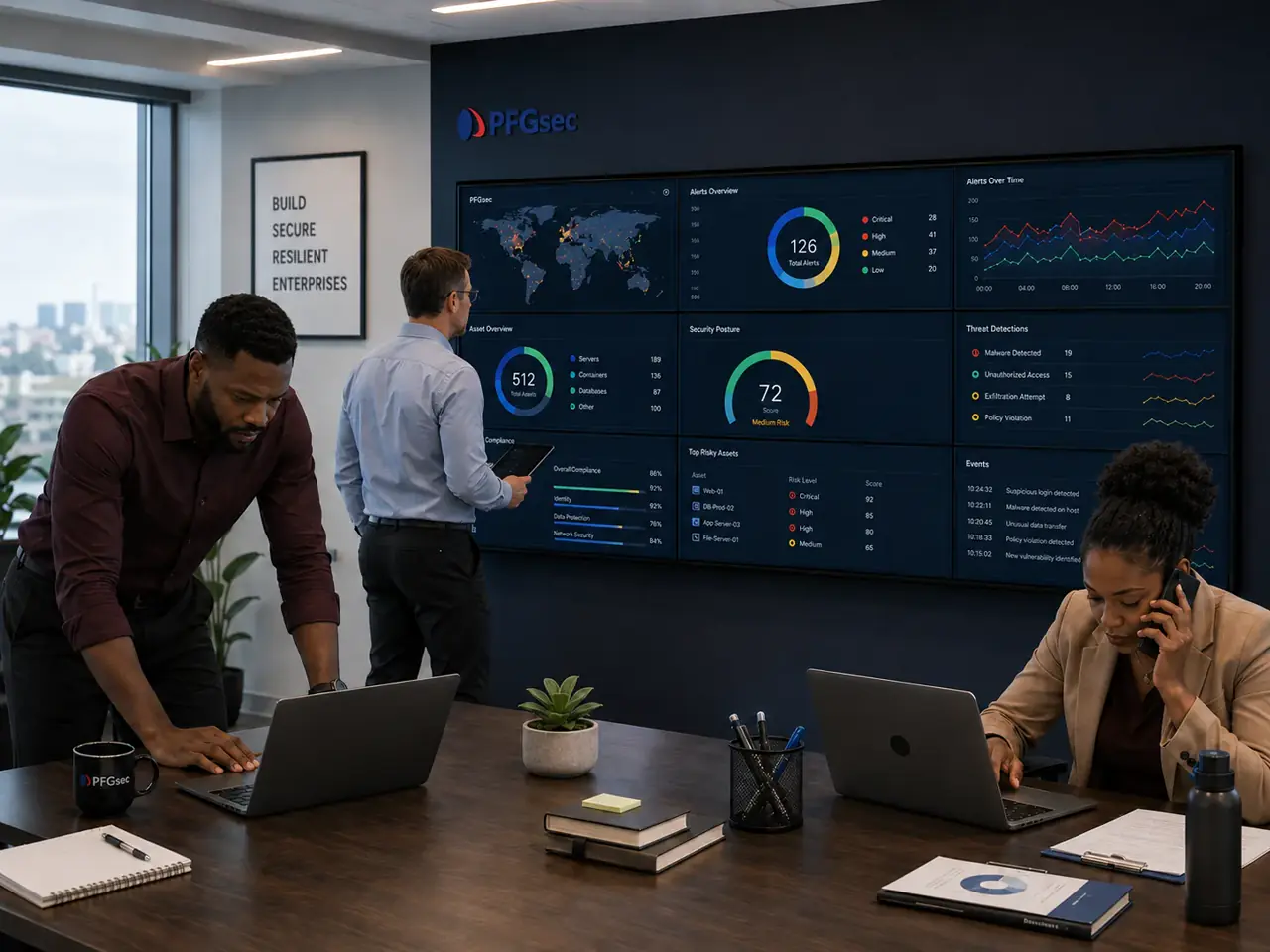 Security operations team monitoring cloud and platform security dashboards in a modern SOC
