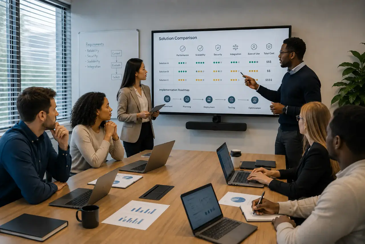 Security team reviewing user behavior analytics and data movement indicators on a large monitor in a modern operations room