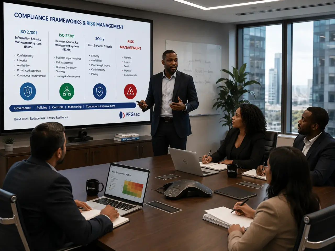 Professional team reviewing compliance frameworks and risk management presentation