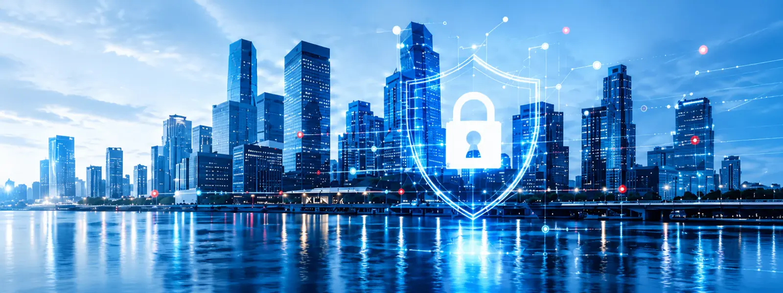 Cybersecurity city skyline with shield